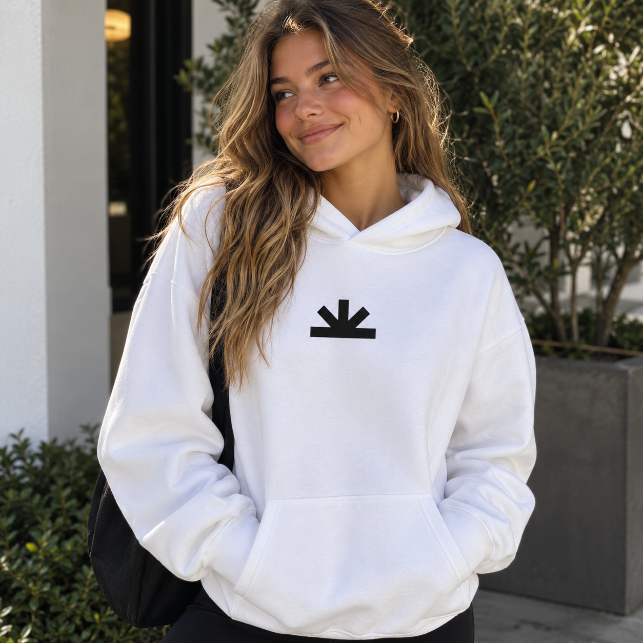 Completed custom order: a white hoodie with a black chest design
